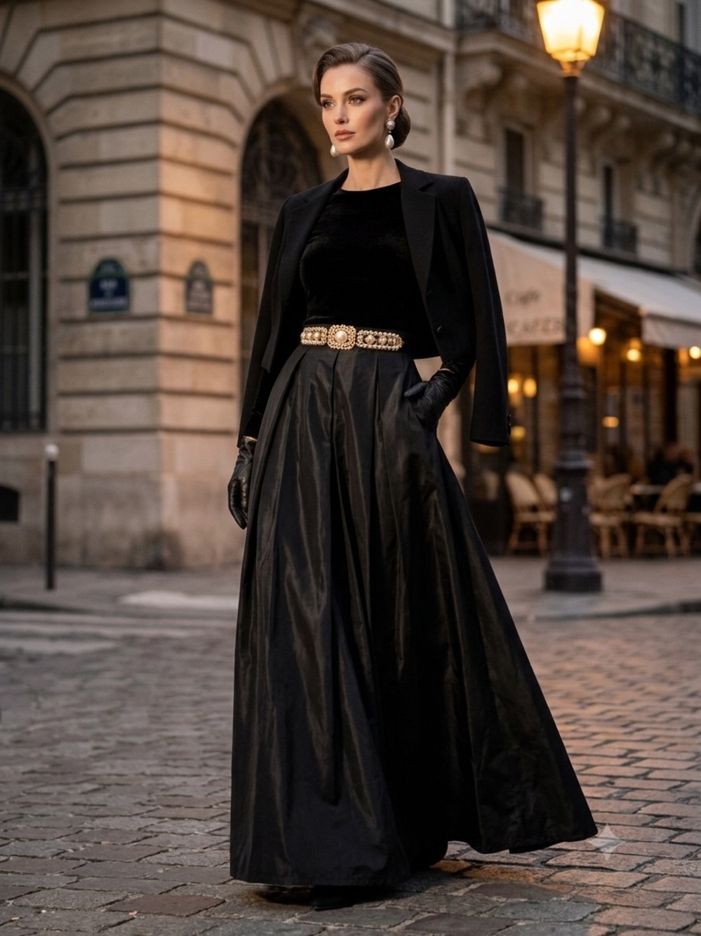 Chic Black Vintage Full-Length A-Line Pleated Taffeta Skirt w Tulle Lining